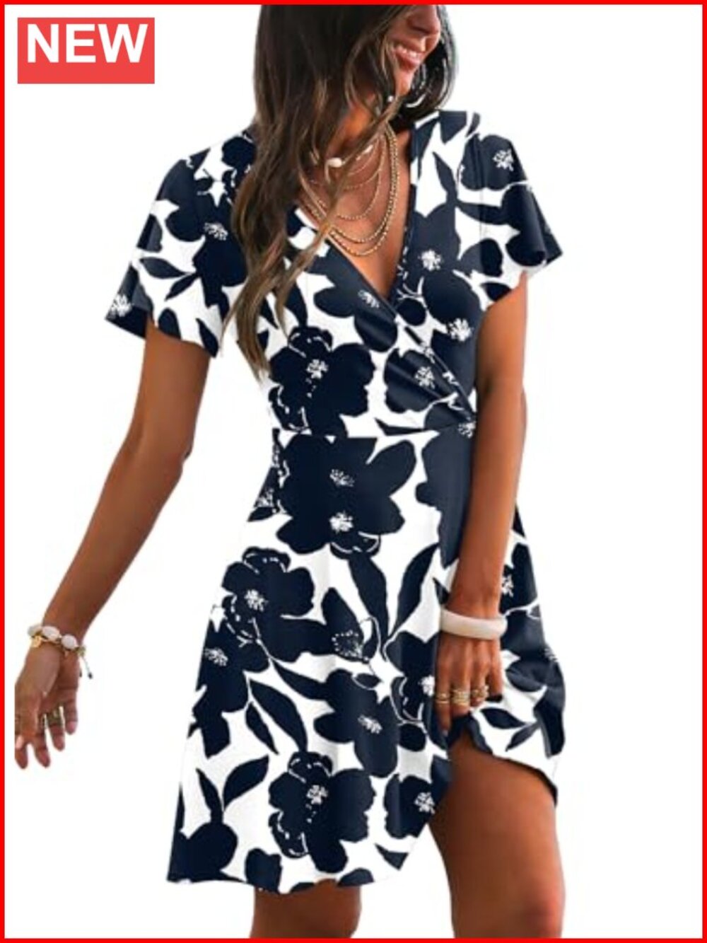 Women's Wrap V Neck Ruffle Sleeve A-Line Casual Summer Dress 95% Polyester 5%
